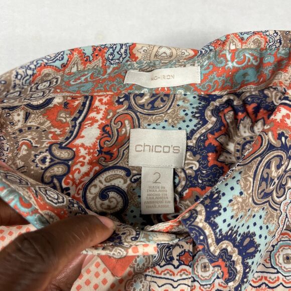 Chico’s Boho Patchwork Print Non-Iron Shirt 2 L Long Sleeve Work Button Down Top - Picture 4 of 10